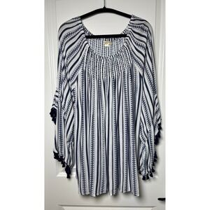 Studio West‎ Women Boho Peasant Top Tunic Blue White Stripe Tassel Sleeve XXL